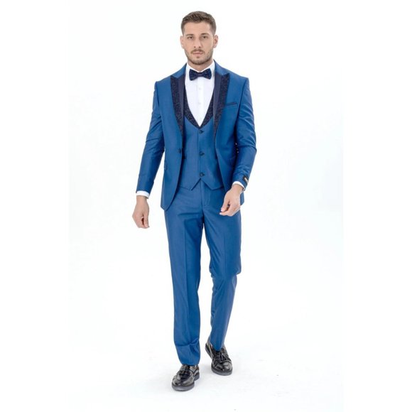 Derman Royal Blue Floral Patterned Glitter Collar Tuxedo 3 Piece - Picture 3 of 6